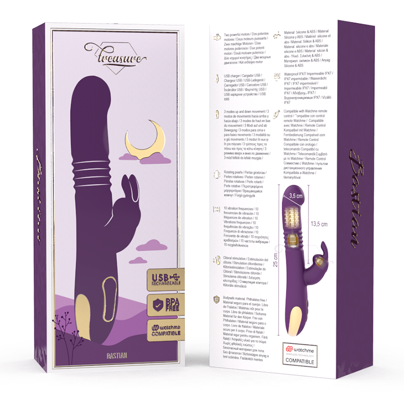 TREASURE - BASTIAN VIBROMASSEUR RABBIT UP DOWN ROTATIF ET VIBRANT + TÉLÉCOMMANDE WATCHME