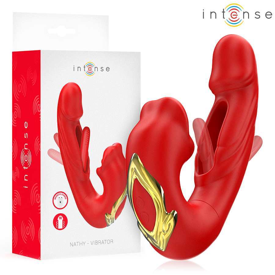 INTENSE – NATHY DOUBLE VIBRATEUR AVEC BOUCHE STIMULANTE MULTIFONCTION ROUGE