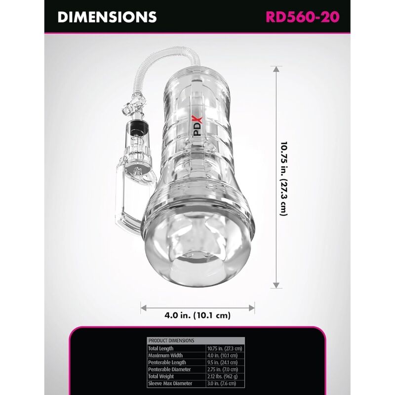PDX ELITE - VIEWTUBE VAC XXL MANGE TRANSPARENTE AVEC POMPE DASPIRATION 27,3 CM