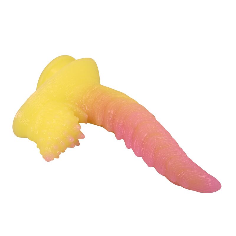 POWER MONSTERS - GODEMICHET MONSTRE ONDULÉ FANTASY AVEC VENTOUSE 22,5 CM Ø 5,5 CM ROSE ET JAUNE