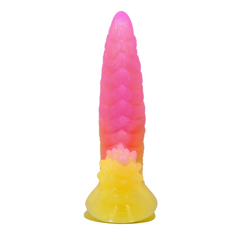 POWER MONSTERS - GODEMICHET MONSTRE ONDULÉ FANTASY AVEC VENTOUSE 22,5 CM Ø 5,5 CM ROSE ET JAUNE