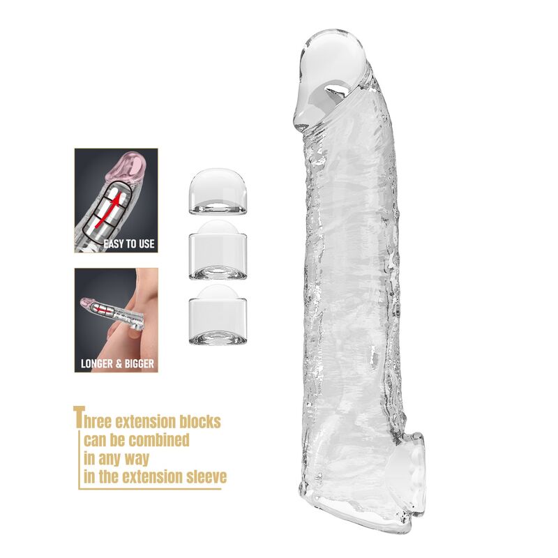 PRETTY LOVE - MANCHON DEXTENSION DE PÉNIS AJUSTABLE 26 CM Ø 4 CM TRANSPARENT