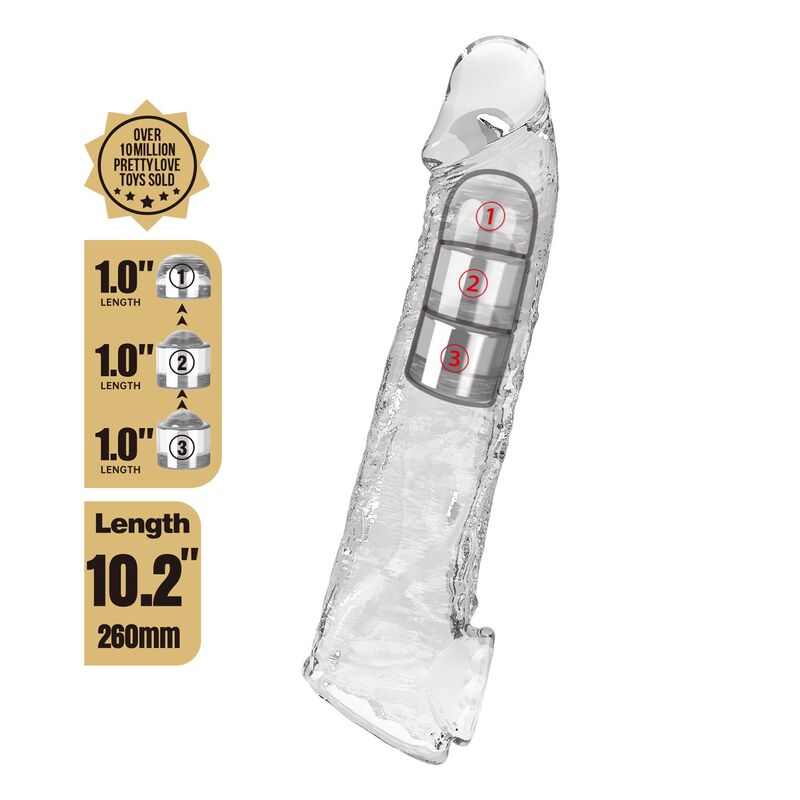 PRETTY LOVE - MANCHON DEXTENSION DE PÉNIS AJUSTABLE 26 CM Ø 4 CM TRANSPARENT