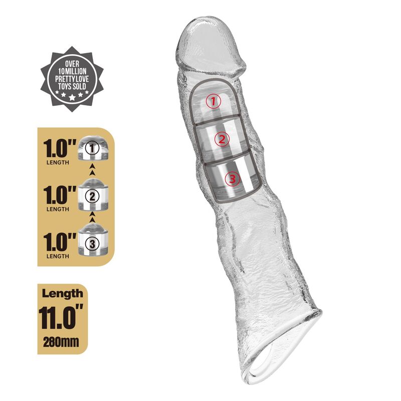 PRETTY LOVE - MANCHON DEXTENSION PÉNIENNE AJUSTABLE 28 CM Ø 4,5 CM TRANSPARENT