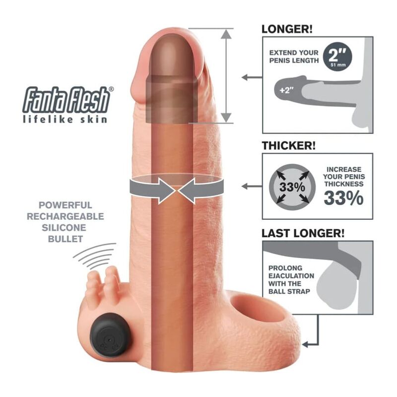FANTASY X-TENSIONS - MANCHON DEXTENSION PÉNIENNE DE 5 CM À SENSATIONS RÉELLES VIBRANTES, BEIGE
